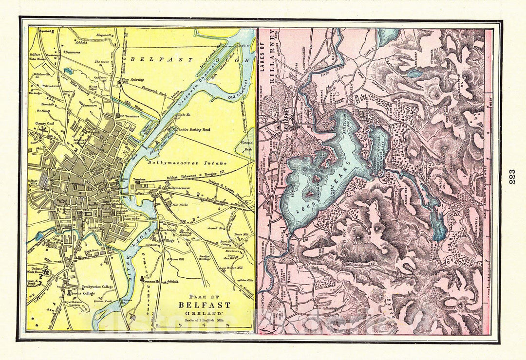 Historic Map : 1898 Plan of Belfast (Ireland) & Lakes of Killarney : Vintage Wall Art