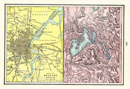 Historic Map : 1898 Plan of Belfast (Ireland) & Lakes of Killarney : Vintage Wall Art