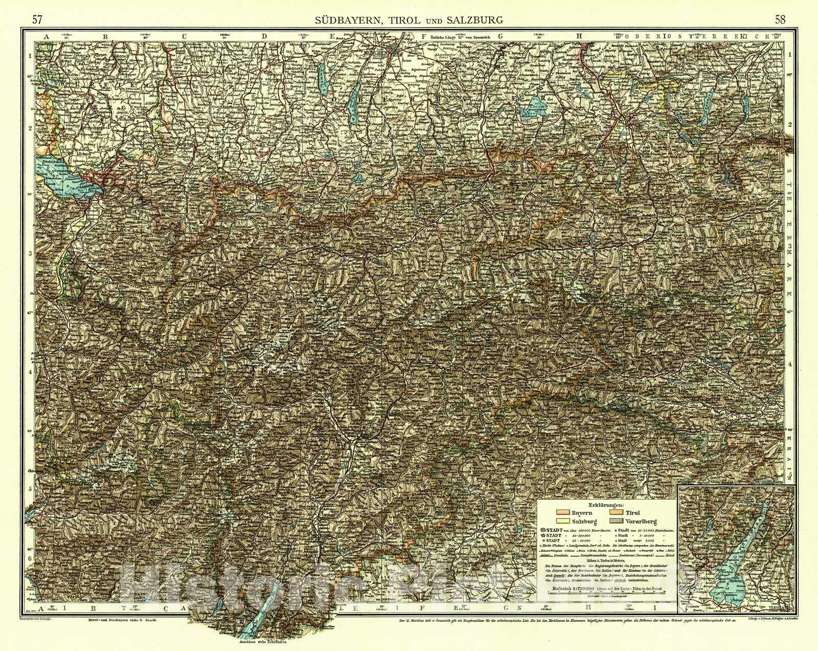 Historic Map : 1904 S&uuml;dbayern, Tirol und Salzburg : Vintage Wall Art