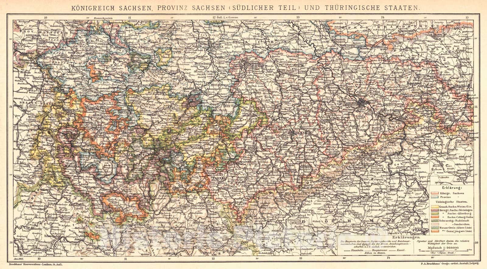 Historic Map : 1905 KOnigreich Sachsen, Provinz Sachsen (S&uuml;dlicher Teil) und Th&uuml;ringische Staaten : Vintage Wall Art