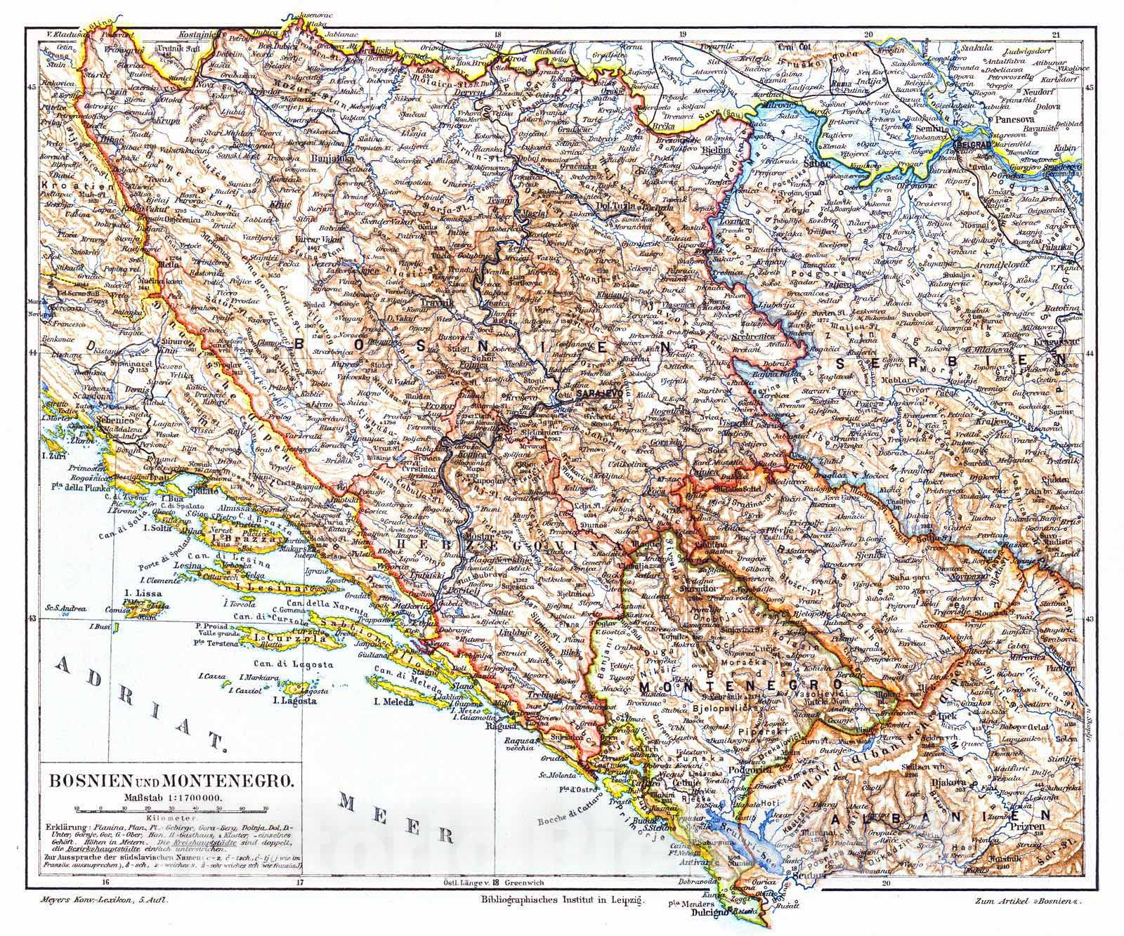 Historic Map : 1906 Bosnien und Montenegro : Vintage Wall Art