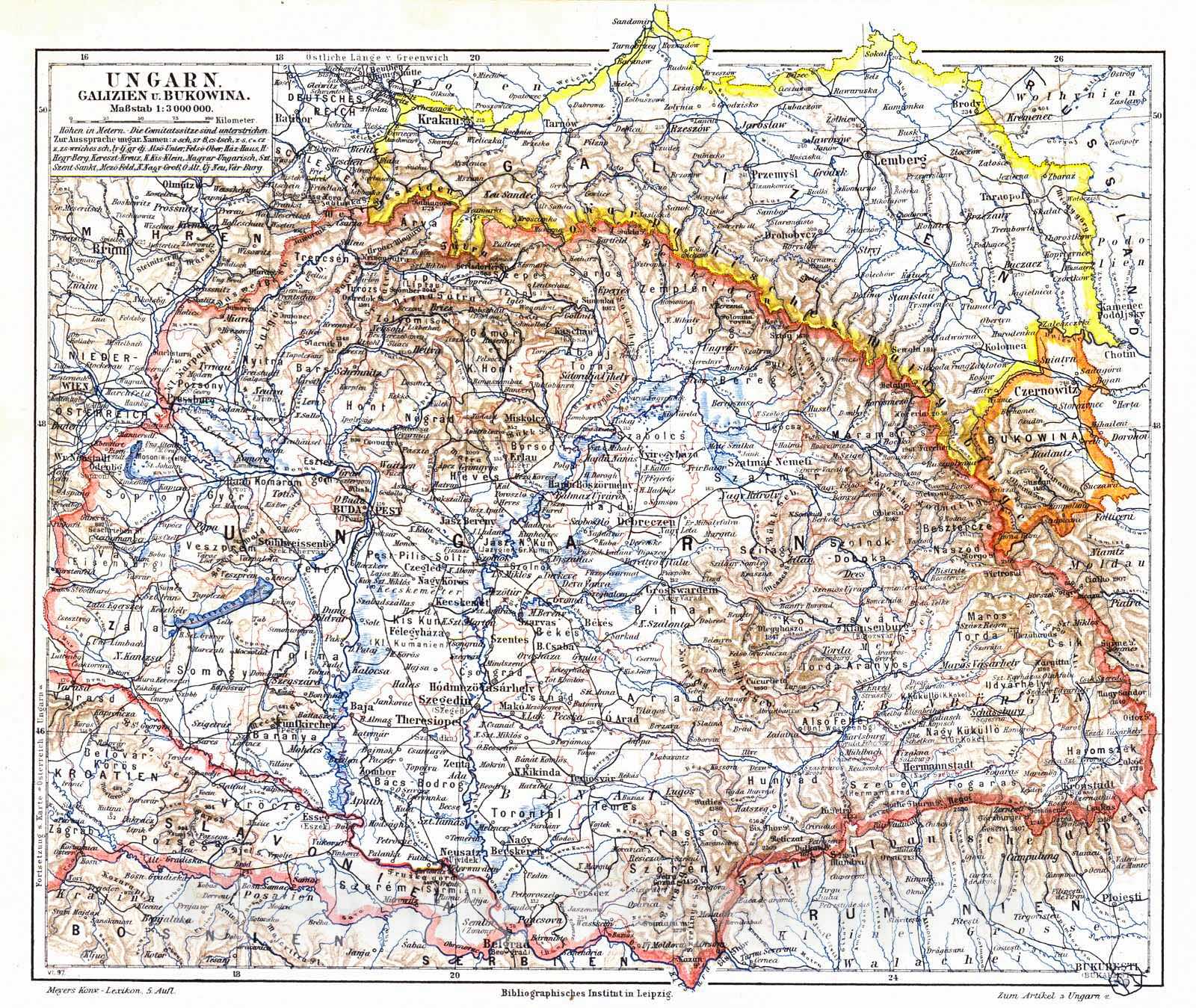 Historic Map : 1906 Ungarn, Galizien und Bukowina : Vintage Wall Art