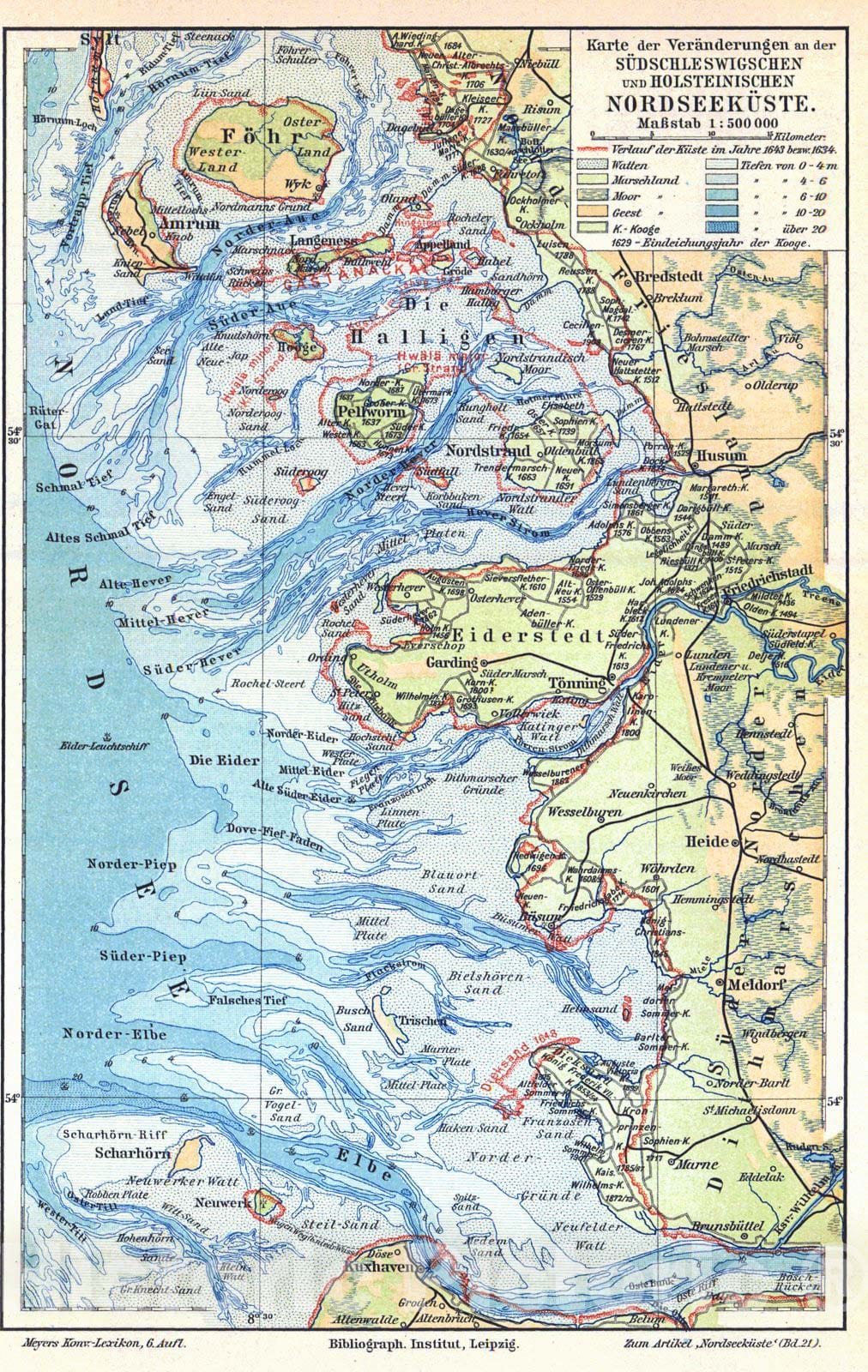 Historic Map :  Karte der Veranderungen an der Sudschleswigshen und Holsteinischen Nordseekuste : Vintage Wall Art
