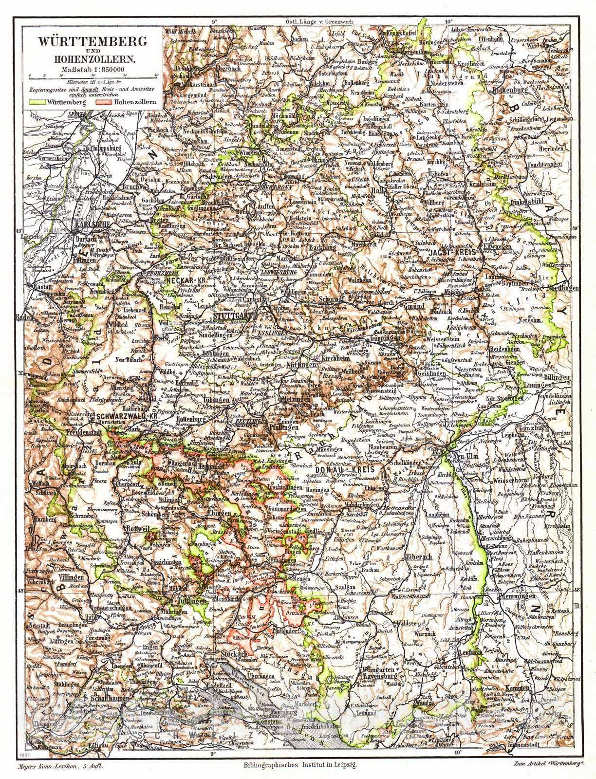 Historic Map : 1906 W&uuml;rttemberg und Hohenzollern : Vintage Wall Art
