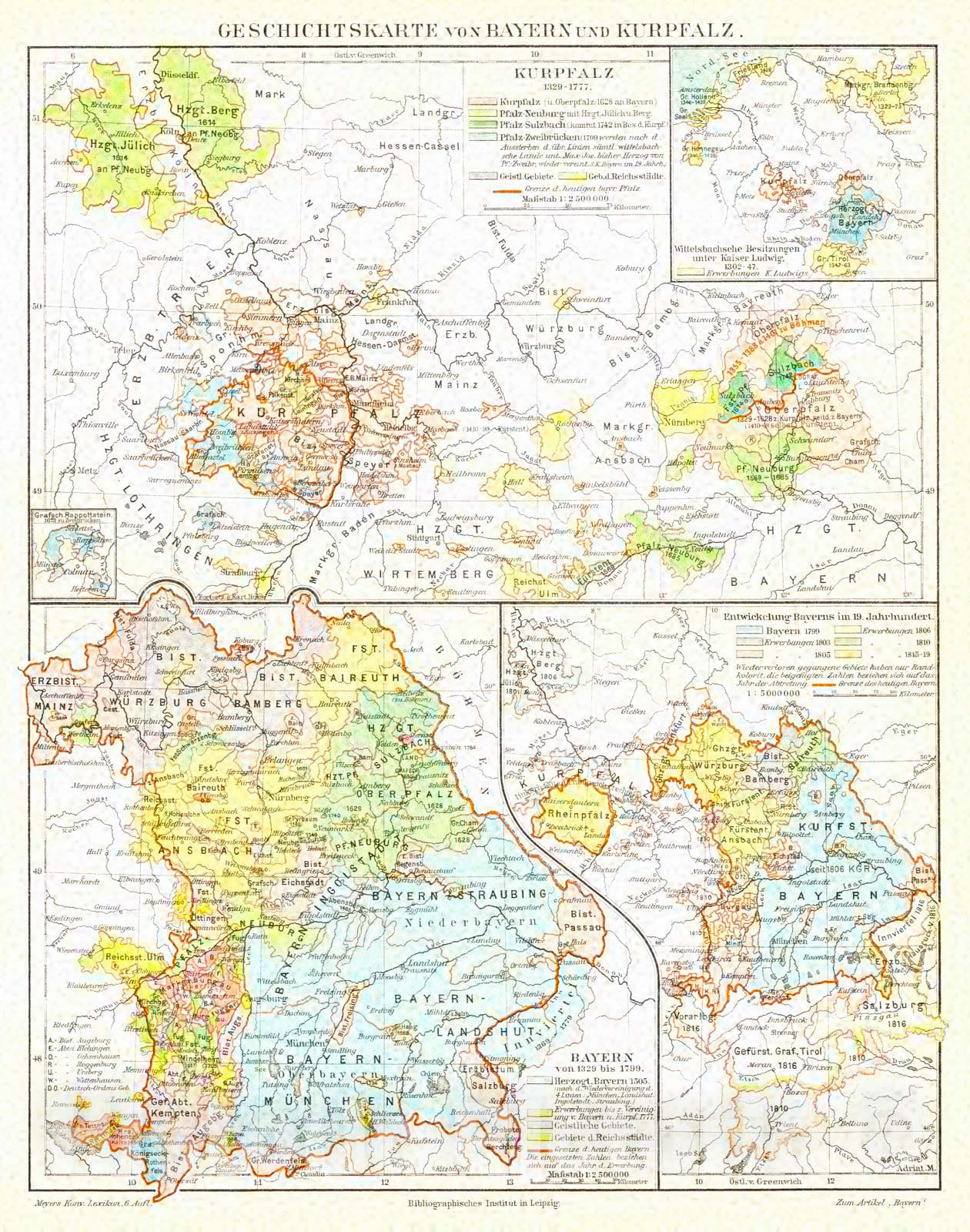 Historic Map : 1906 Geschichtskarte von Bayer und Kurpfalz  : Vintage Wall Art