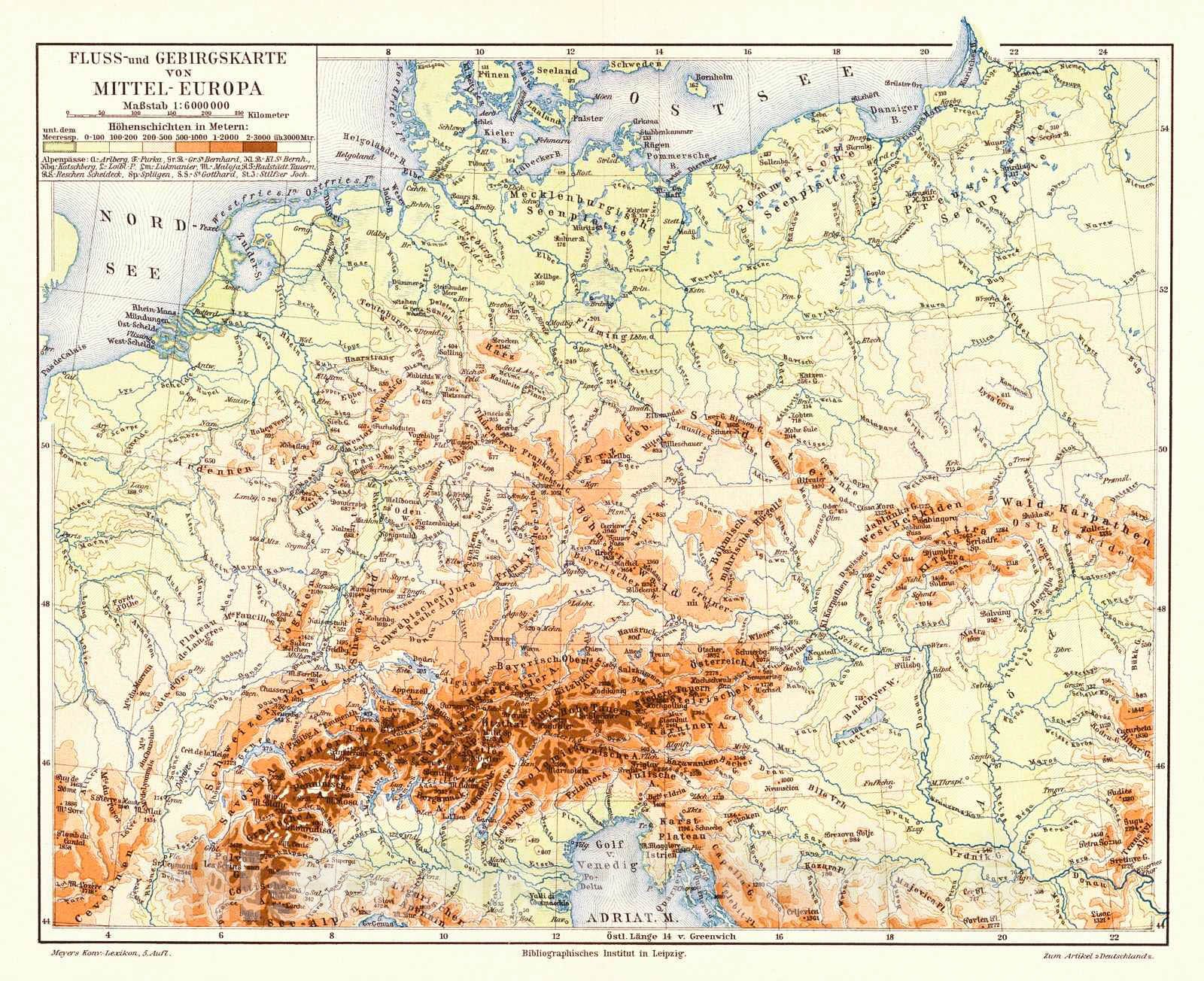 Historic Map : 1906 Fluss und Gebirgskarte von Mittel-Europa : Vintage Wall Art