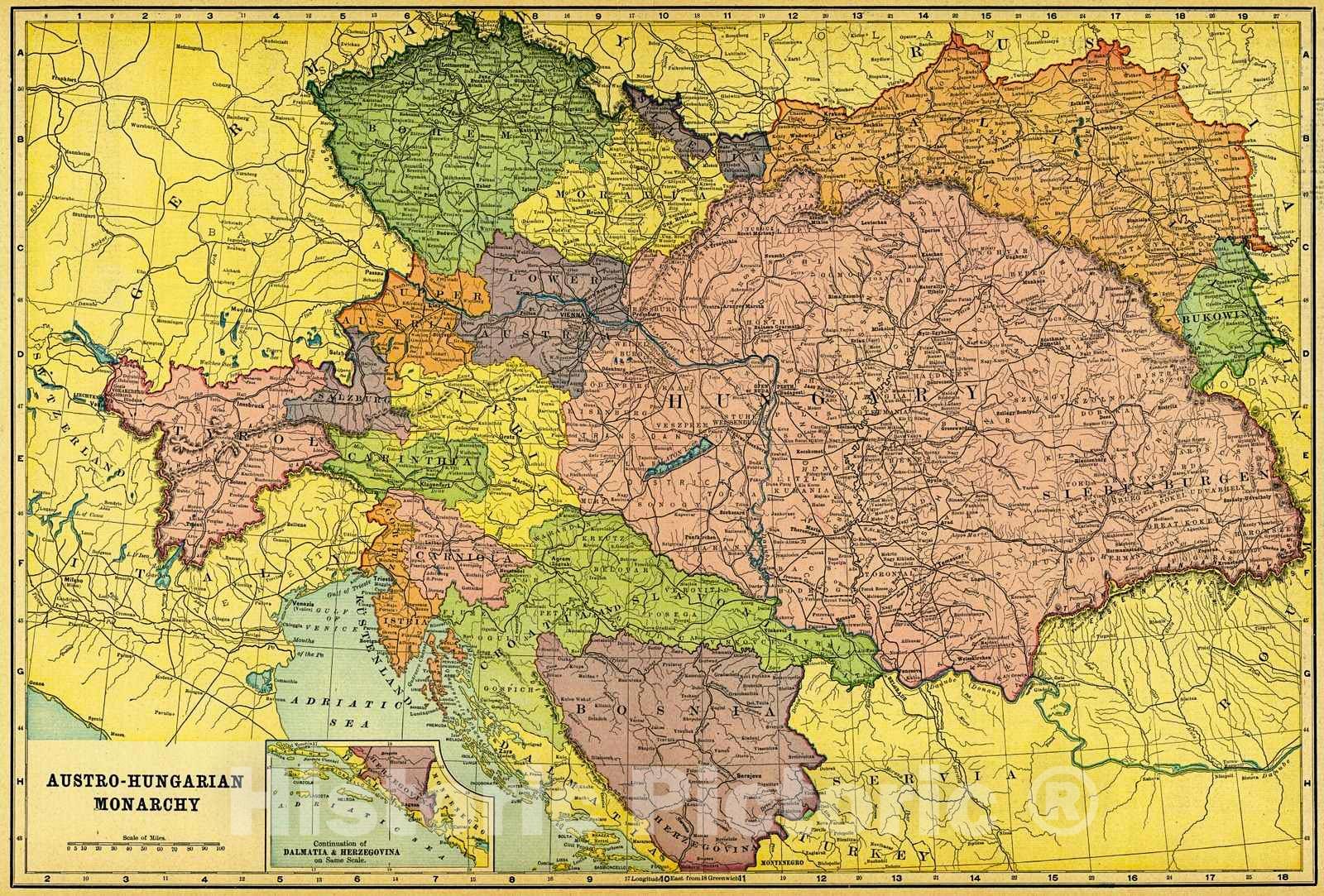 Historic Map : 1907 Austro-Hungarian Monarchy : Vintage Wall Art