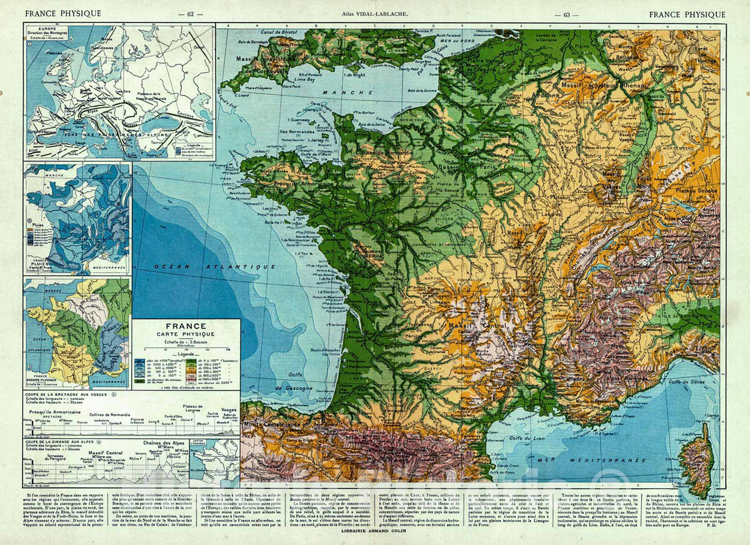 Historic Map : 1908 France Carte Physique : Vintage Wall Art
