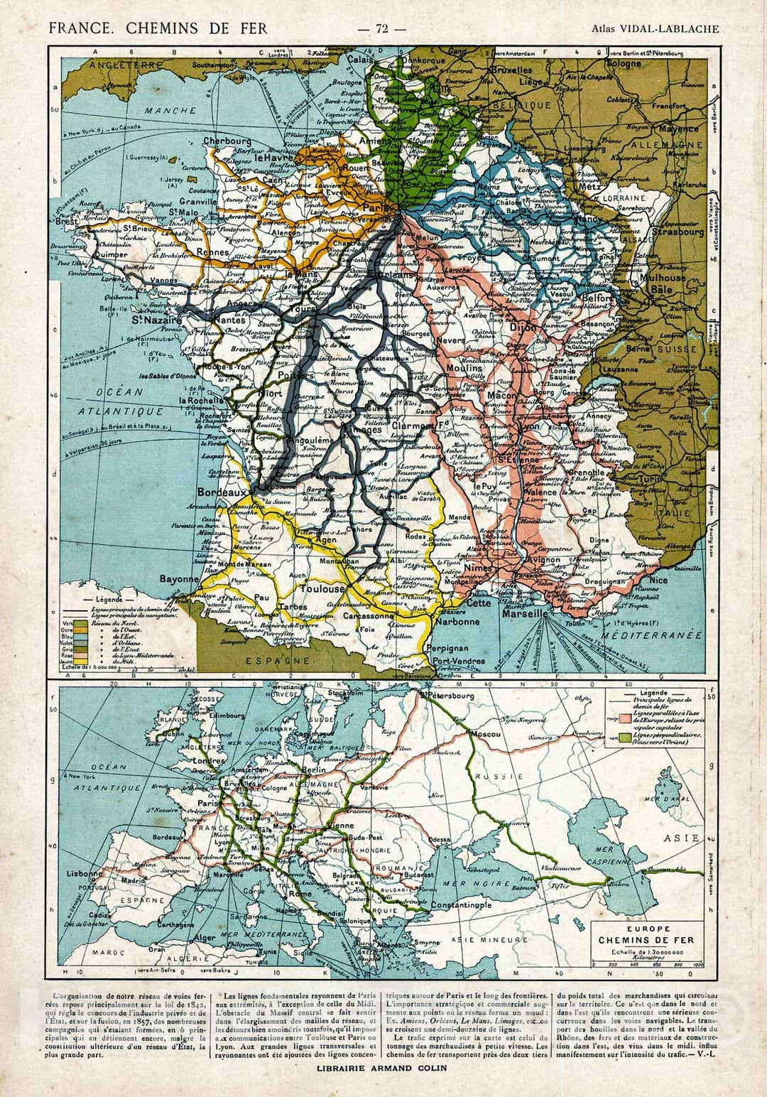 Historic Map : 1908 France, Chemins de Fer : Vintage Wall Art