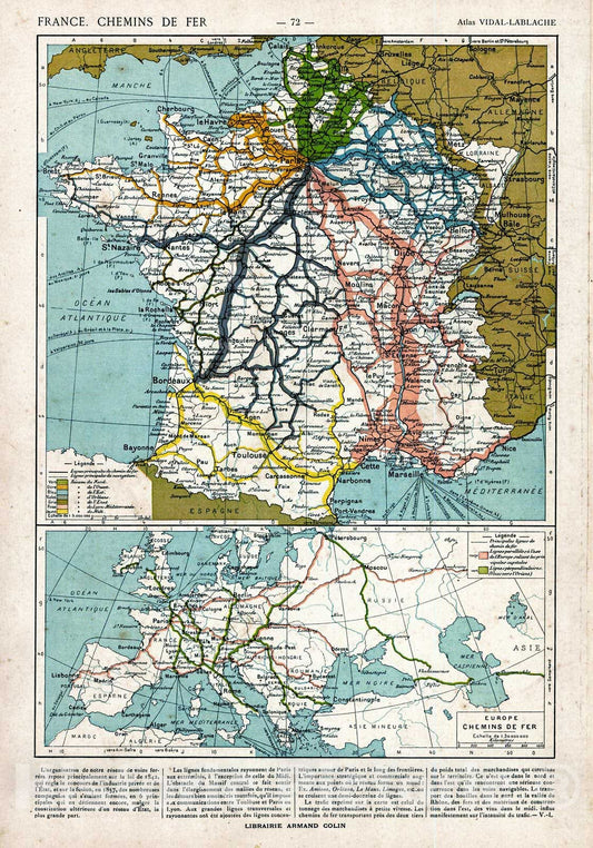 Historic Map : 1908 France, Chemins de Fer : Vintage Wall Art