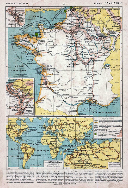 Historic Map : 1908 France Navigation : Vintage Wall Art