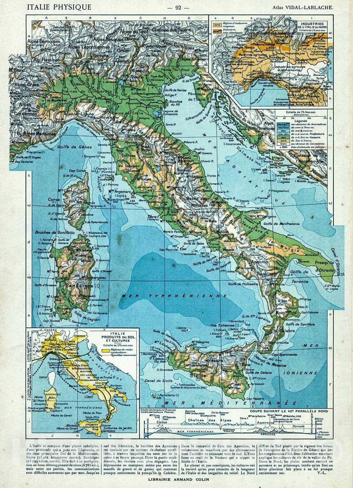 Historic Map : 1908 Italie Physique : Vintage Wall Art