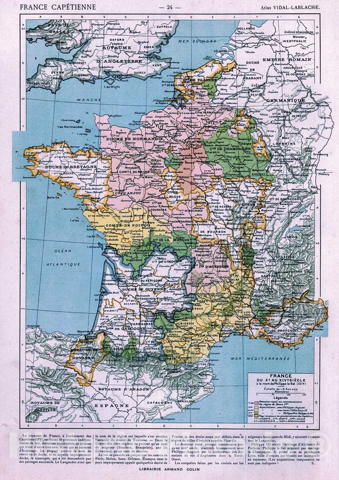 Historic Map : 1908 France du X au XIV siecle : Vintage Wall Art