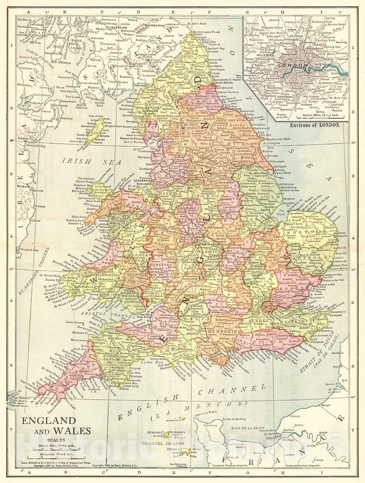 Historic Map : 1910 England and Wales : Vintage Wall Art