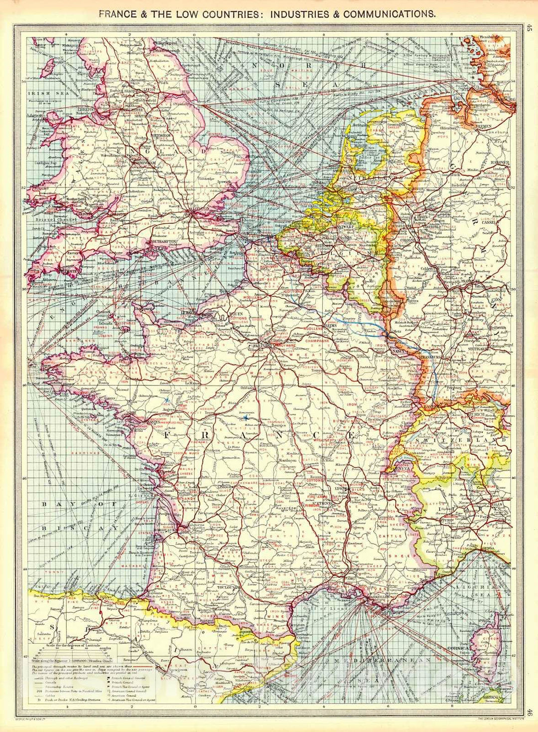 Historic Map : 1910 France and the Low Countries: Industries and Communications : Vintage Wall Art