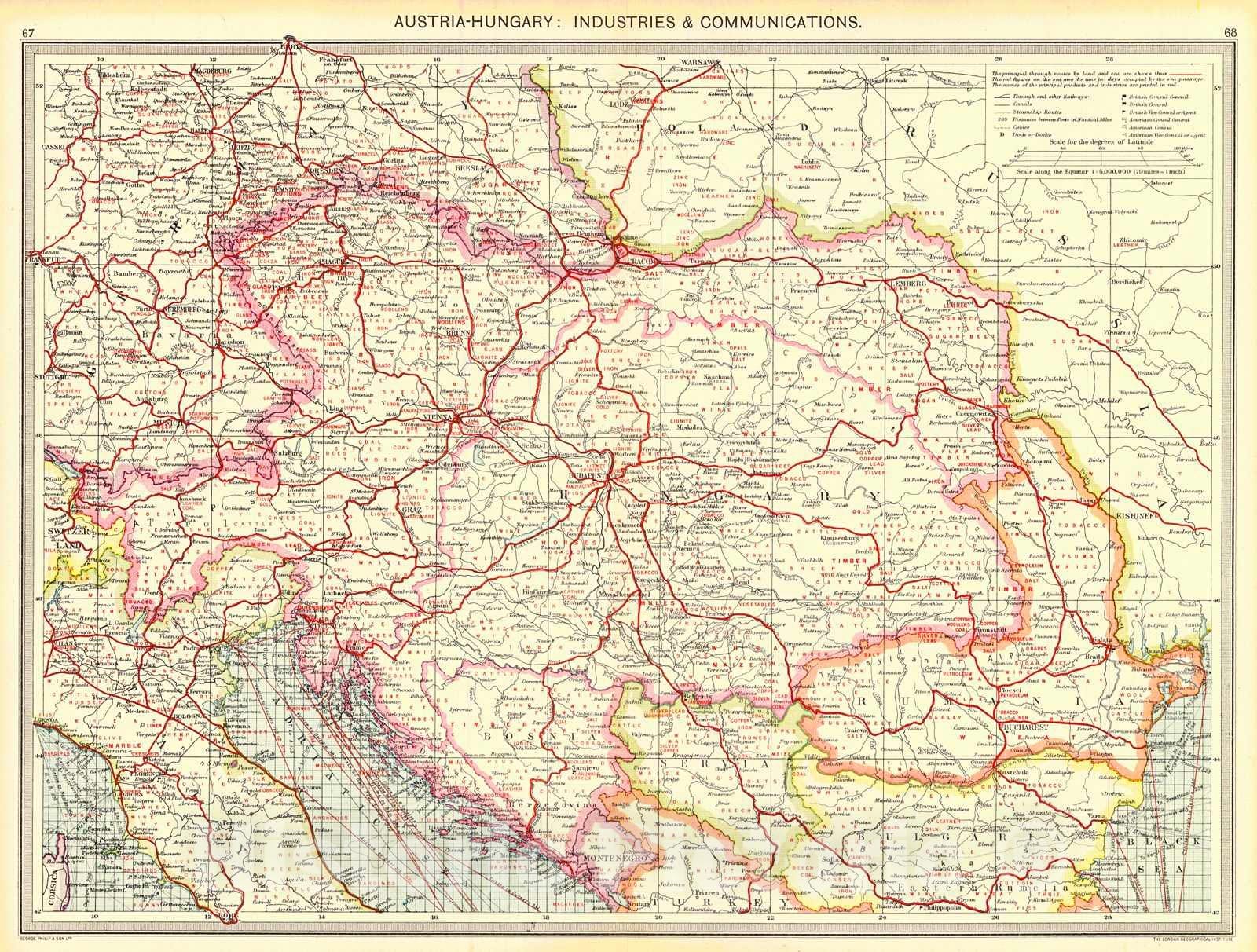 Historic Map : 1910 Austria-Hungary: Industries and Communications  : Vintage Wall Art