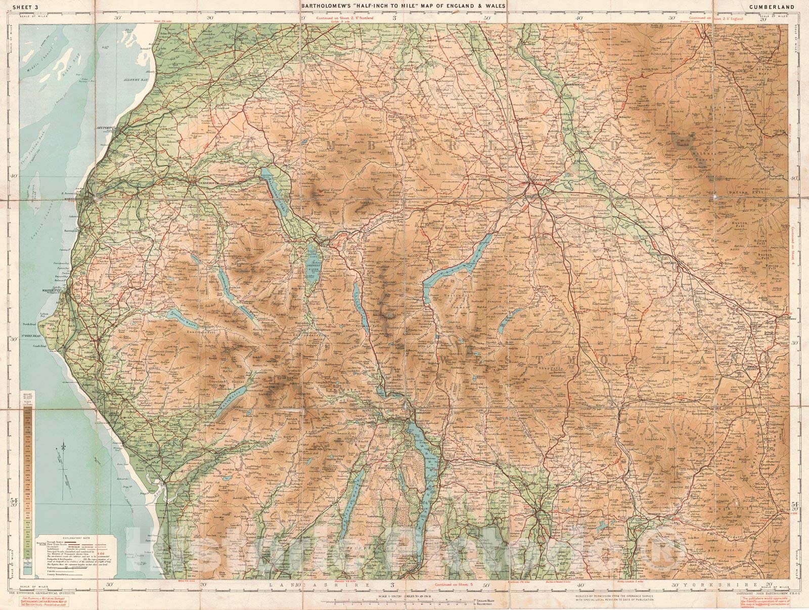Historic Map : 1910 Bartholomew's New Reduced Survey for Tourists & Cyclists - Cumberland : Vintage Wall Art