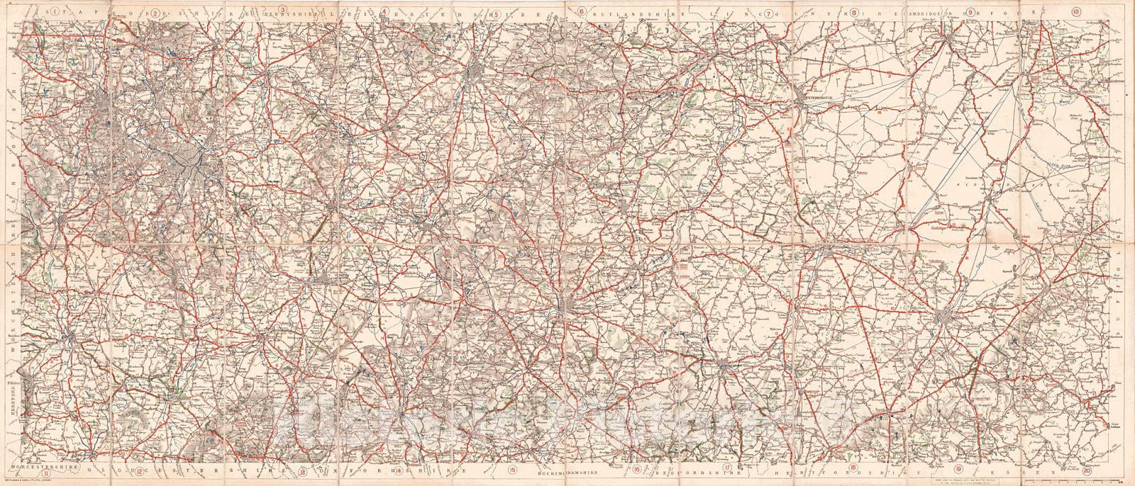 Historic Map : 1918 Michelin Map of the British Isles - No. 16 Birmingham - Cambridge : Vintage Wall Art