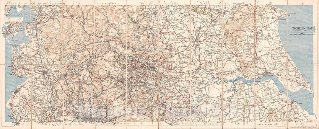 Historic Map : 1918 Michelin Map of the British Isles - No. 11 Manchester - York : Vintage Wall Art