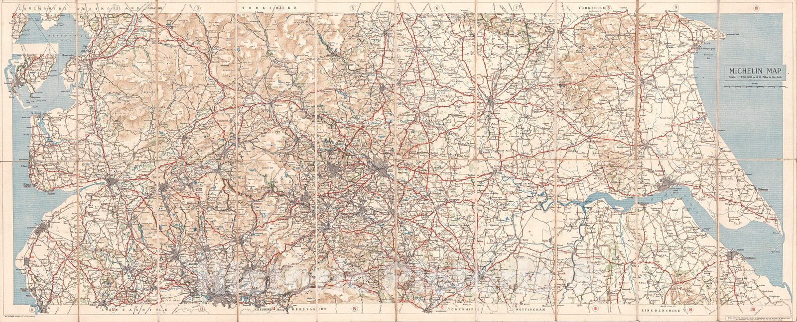 Historic Map : 1918 Michelin Map of the British Isles - No. 11 Manchester - York : Vintage Wall Art