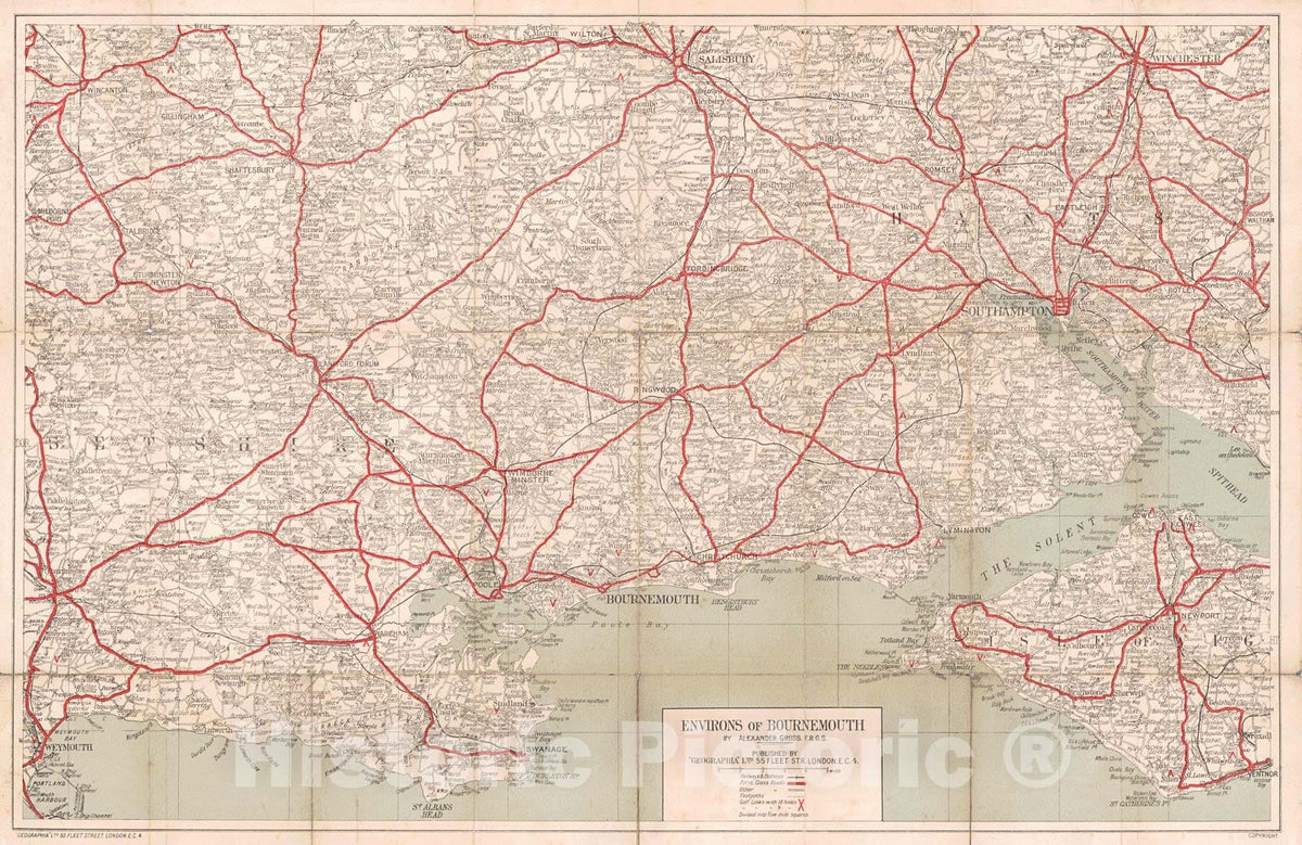 Historic Map : 1919 Environs of Bournemouth : Vintage Wall Art