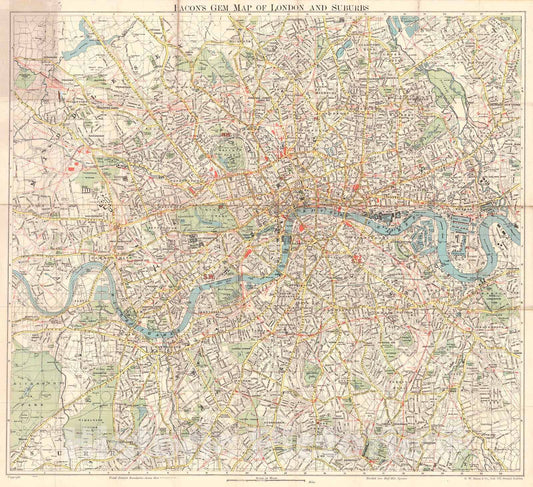 Historic Map : 1920 Bacon's Gem Map of London and Suburbs  : Vintage Wall Art
