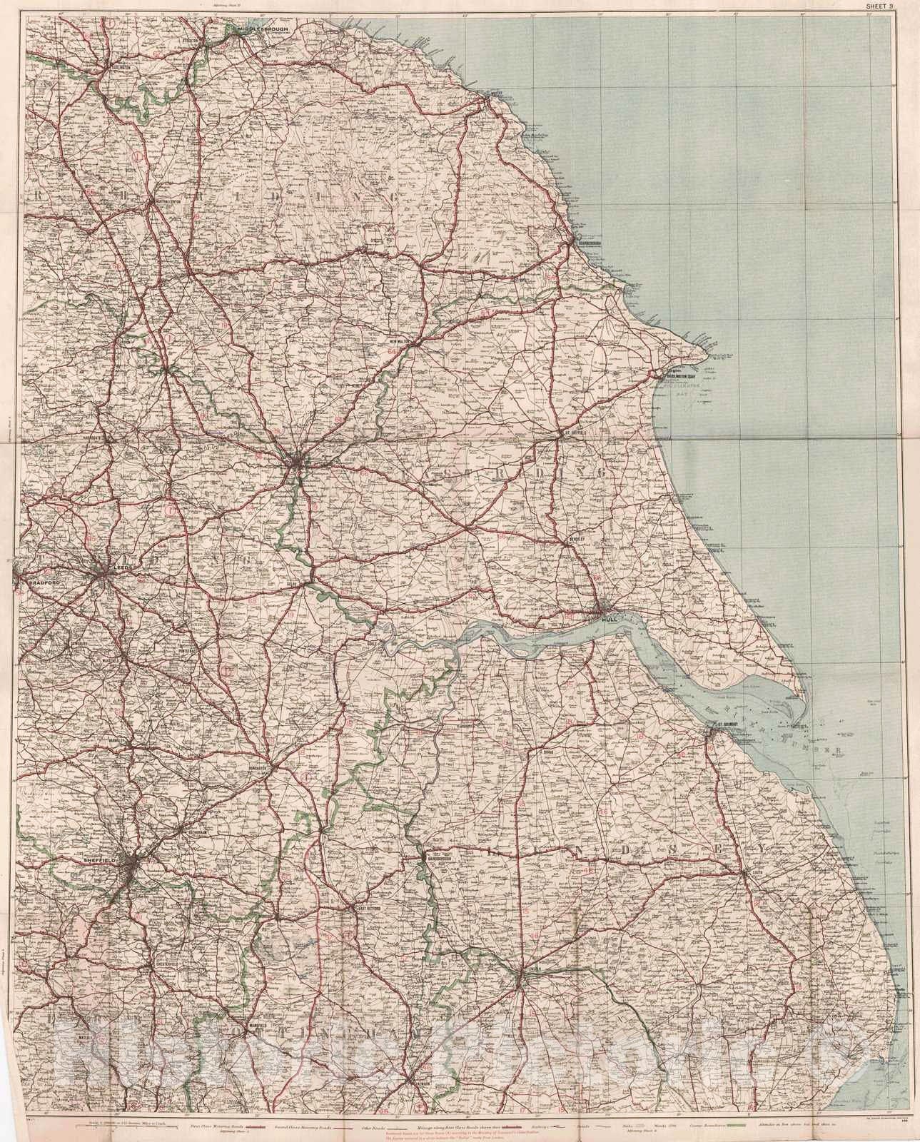 Historic Map : 1920 Philip's Ten-Sheet Road Map of England and Wales, Sheet No.9 : Vintage Wall Art