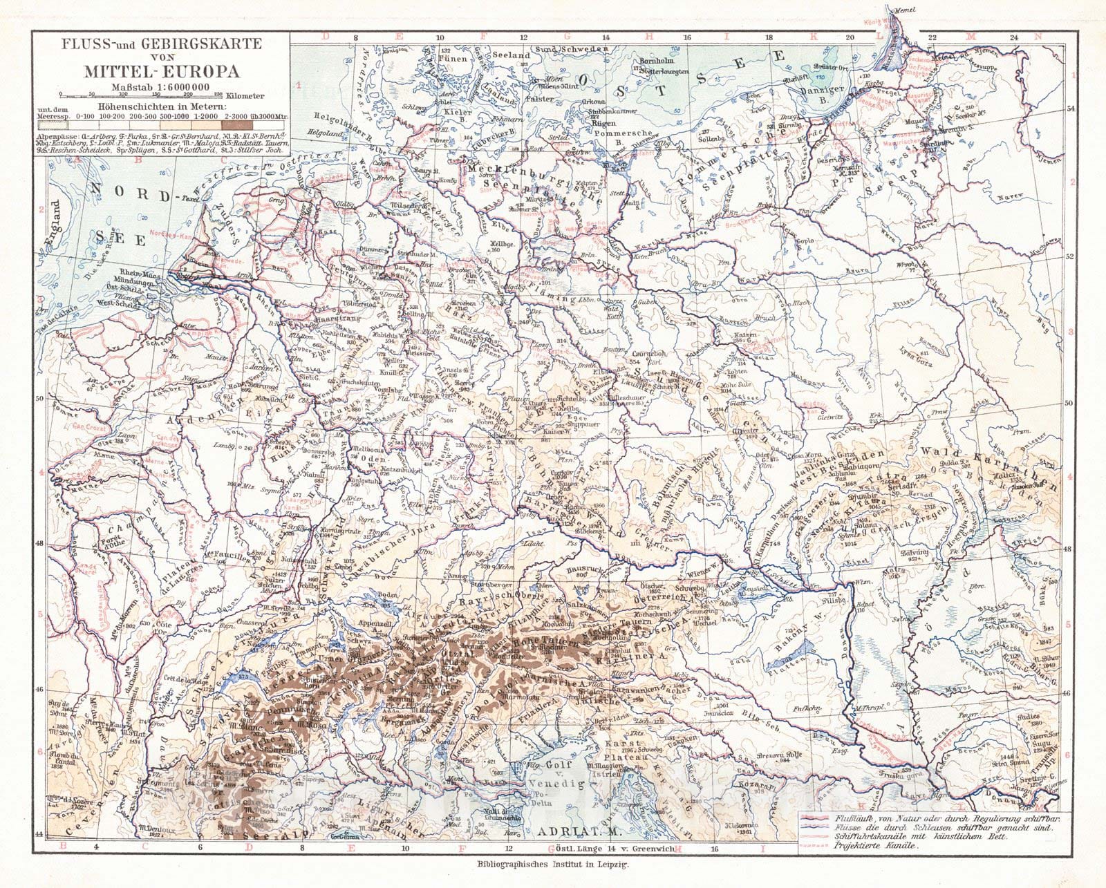 Historic Map : 1924 Fluss-und Gebirgskarte Mittel-Europa : Vintage Wall Art
