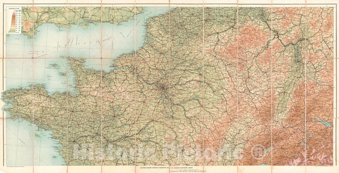 Historic Map : 1925 Bartholomew's Contour Motoring Map of France : Vintage Wall Art