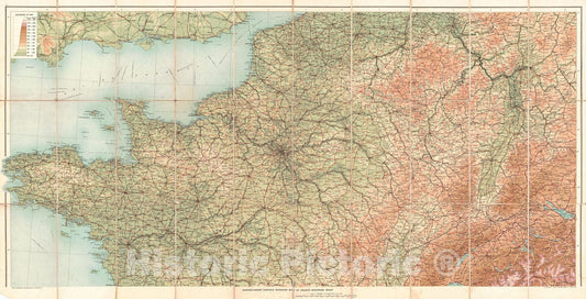 Historic Map : 1925 Bartholomew's Contour Motoring Map of France : Vintage Wall Art