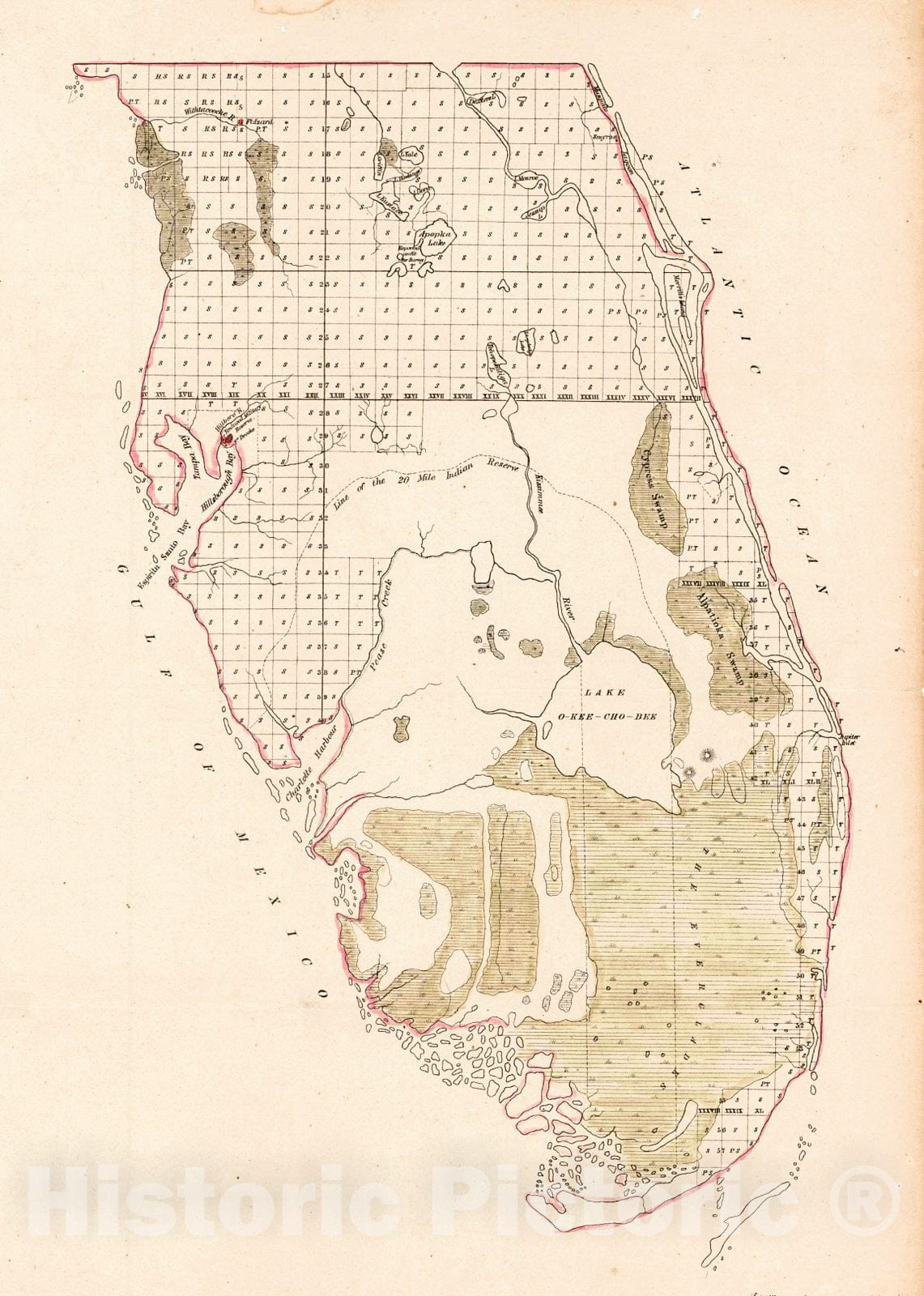 Historic Map : 1850 Public Land Survey Map of Southern Florida  : Vintage Wall Art