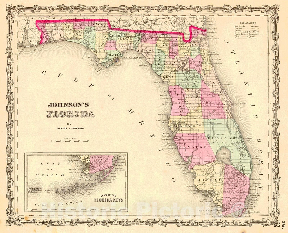 Historic Map : 1860 Johnson's Florida : Vintage Wall Art