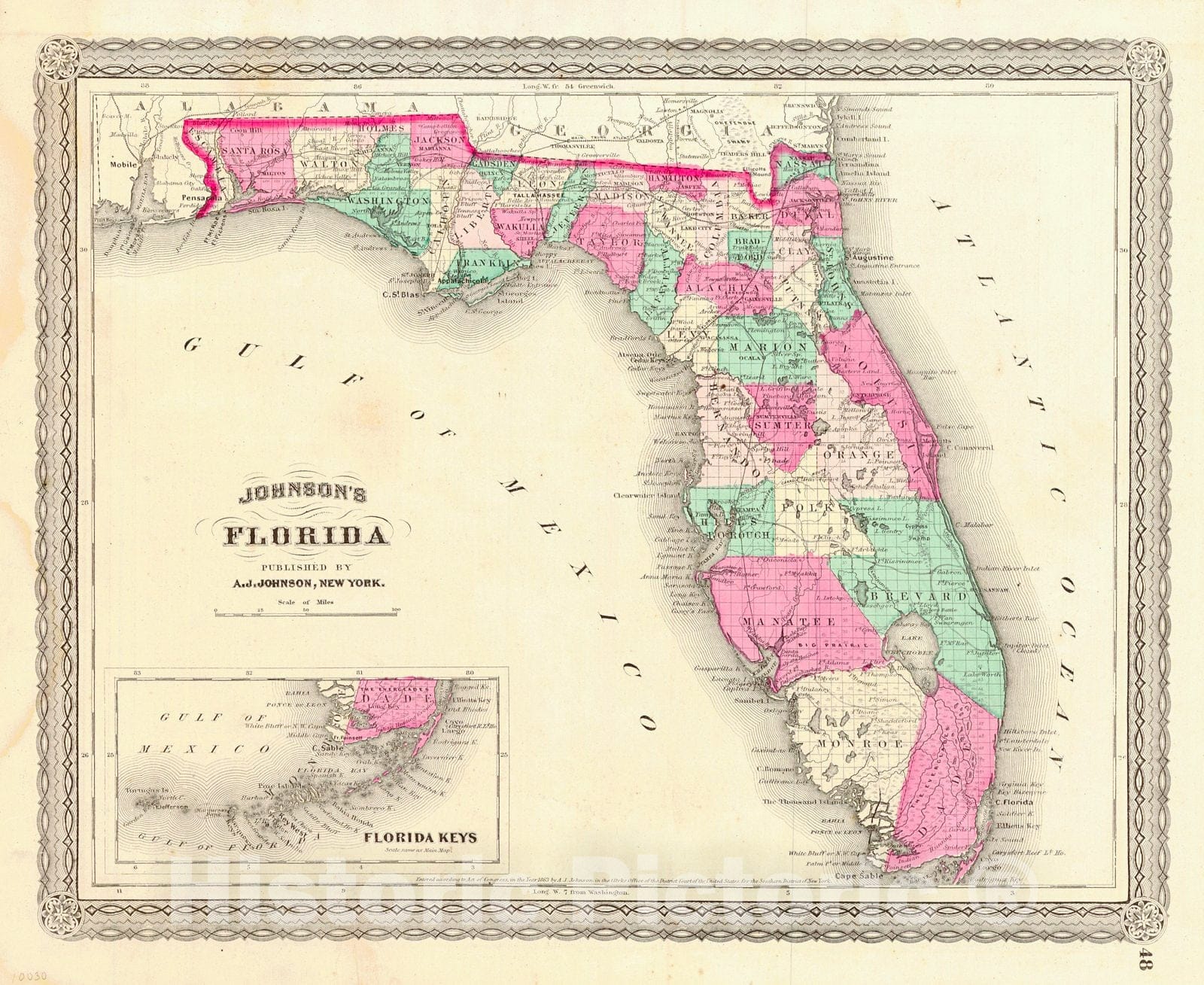Historic Map : 1870 Johnson's Florida : Vintage Wall Art