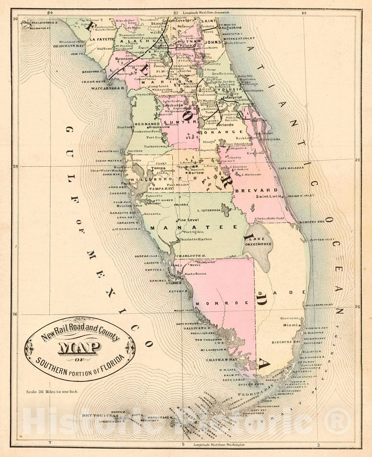 Historic Map : 1883 New Rail Road and County Map of Southern Portion of Florida : Vintage Wall Art
