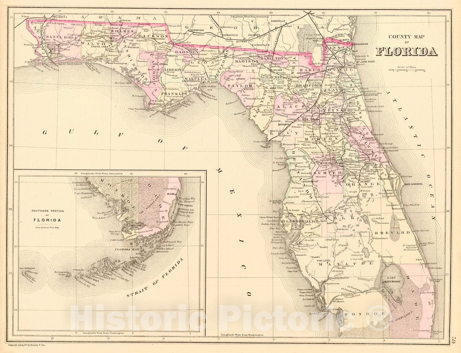 Historic Map : 1886 County Map of Florida : Vintage Wall Art