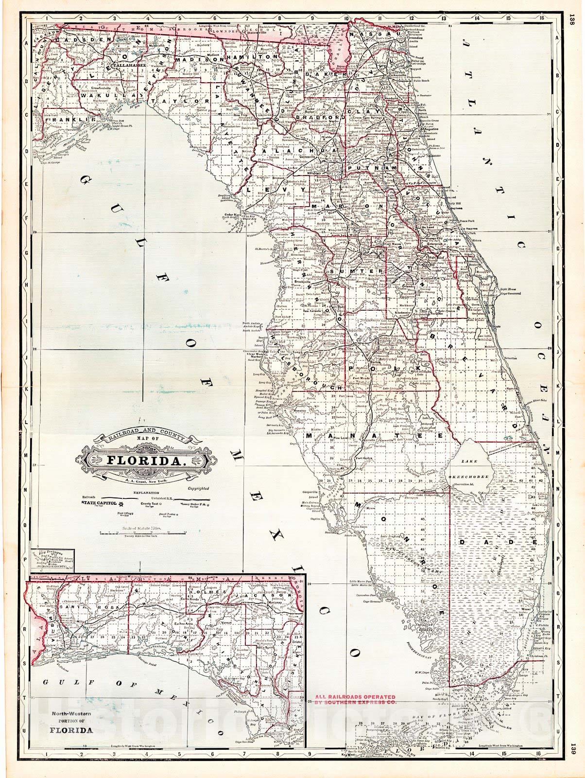 Historic Map : 1887 Railroad and County Map of Florida : Vintage Wall Art
