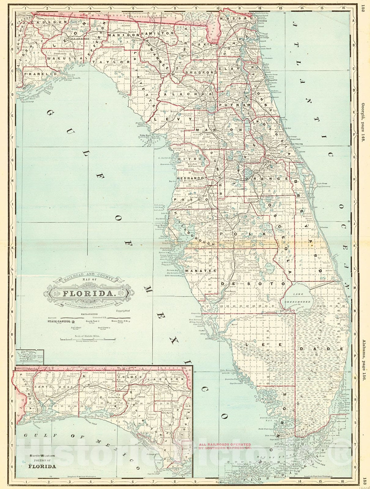 Historic Map : 1888 Railroad and County Map of Florida : Vintage Wall Art