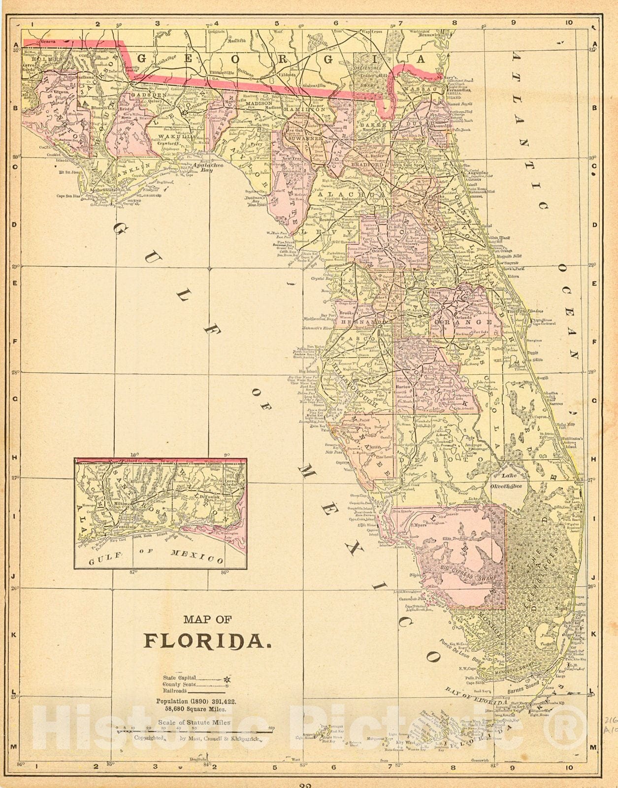 Historic Map : 1892 Map of Florida : Vintage Wall Art