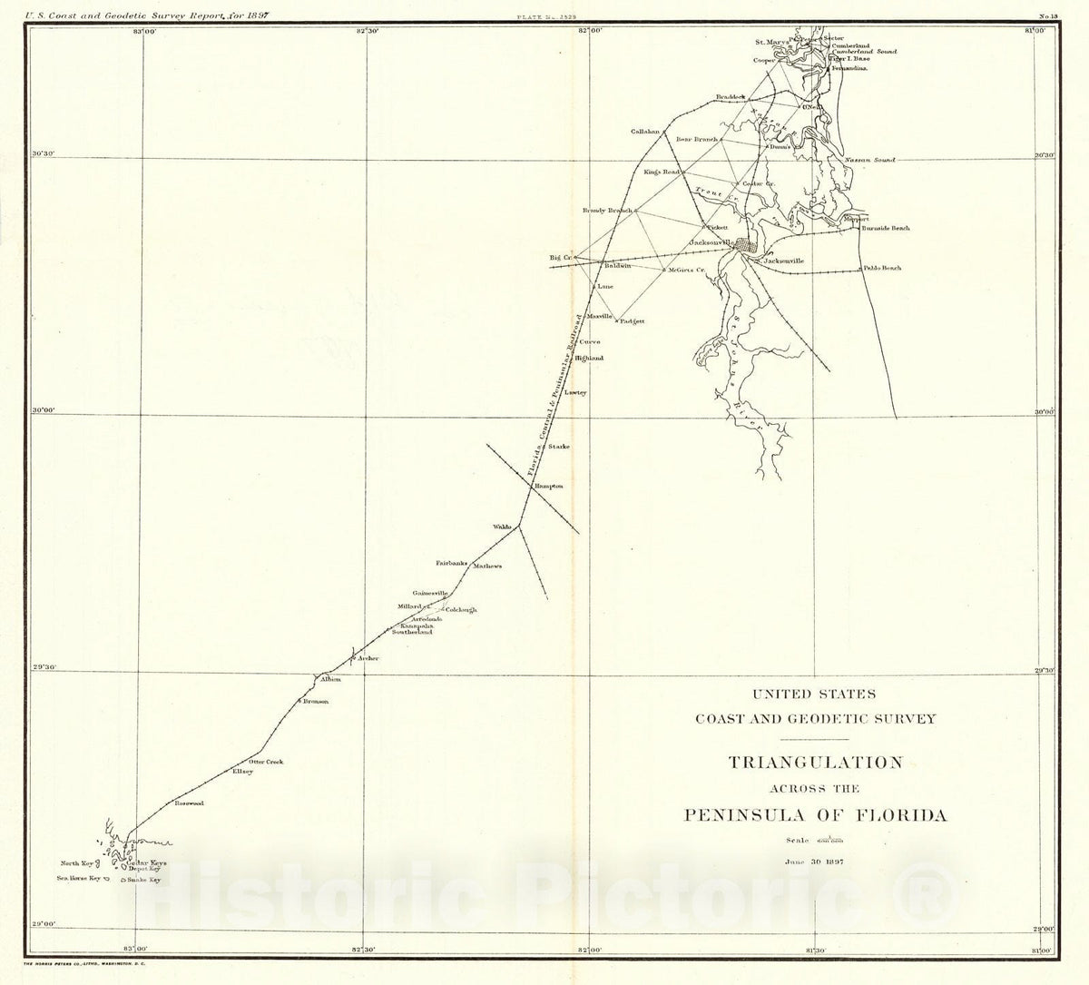 Historic Map : 1897 Triangulation Across Peninsula Florida  : Vintage Wall Art