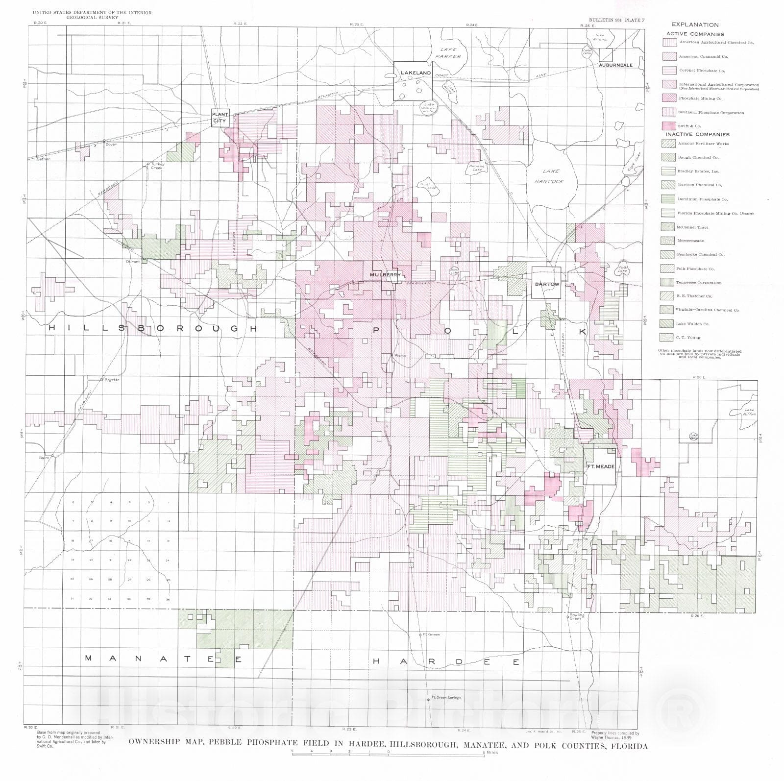 Historic Map : 1940 Ownership map, Pebble Phosphate Field in Hardee, Hillsborough, Manatee and Polk Counties, Florida : Vintage Wall Art