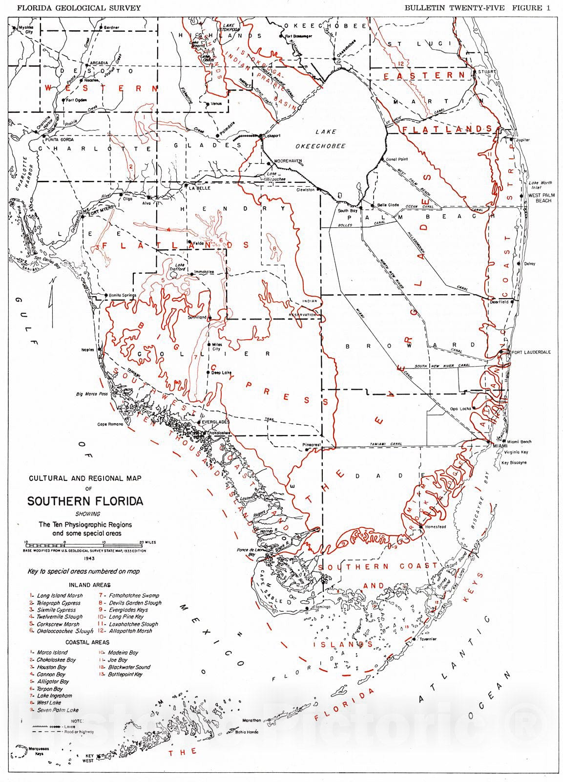 Historic Map : 1943 Cultural and Regional Map of Southern Florida  : Vintage Wall Art