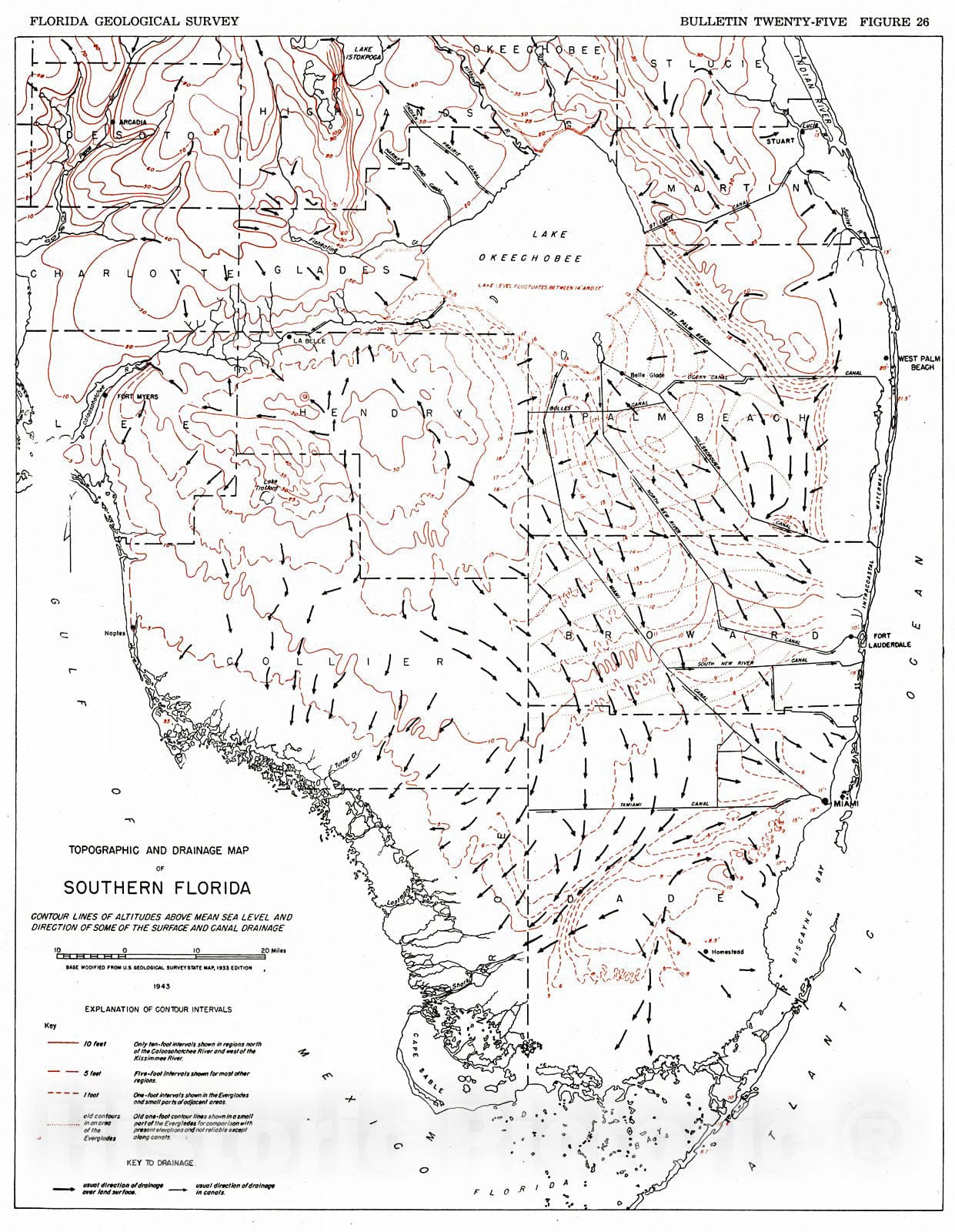 Historic Map : 1943 Topographic and Drainage Map of Southern Florida : Vintage Wall Art