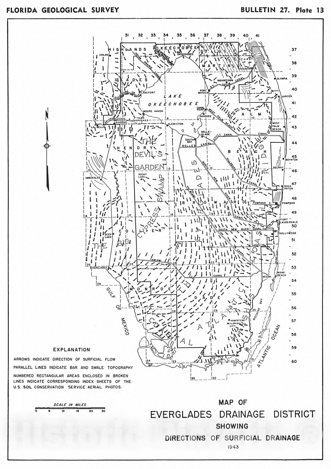Historic Map : 1944 Map of Everglades Drainage District Showing Directions of Surficial Drainage : Vintage Wall Art