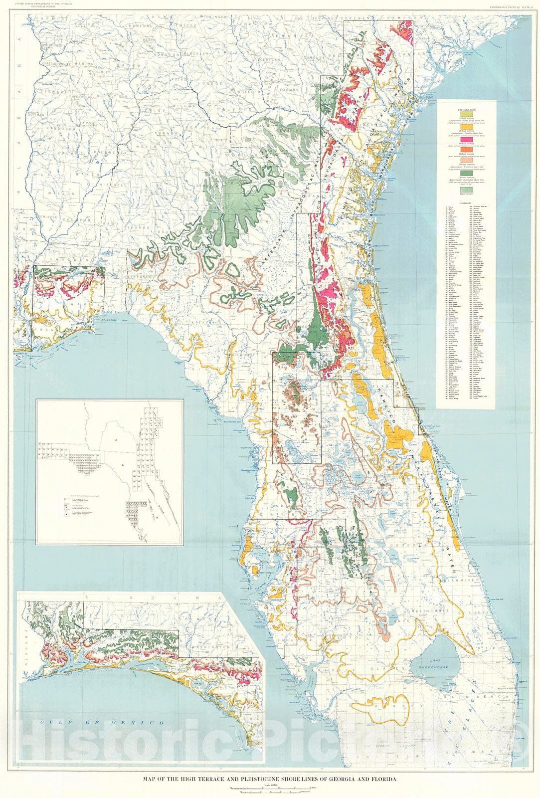 Historic Map : 1950 Map of the High Terrace and Pleistocene Shorelines of Georgia and Florida : Vintage Wall Art