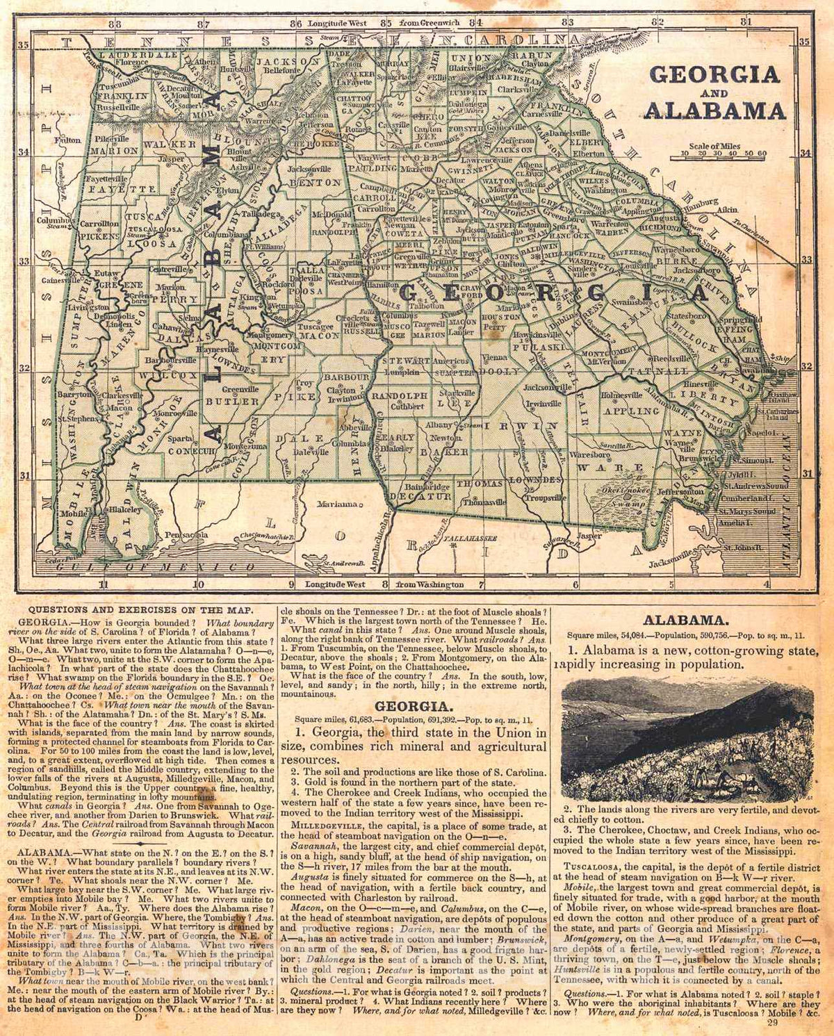 Historic Map : 1846 Georgia and Alabama : Vintage Wall Art