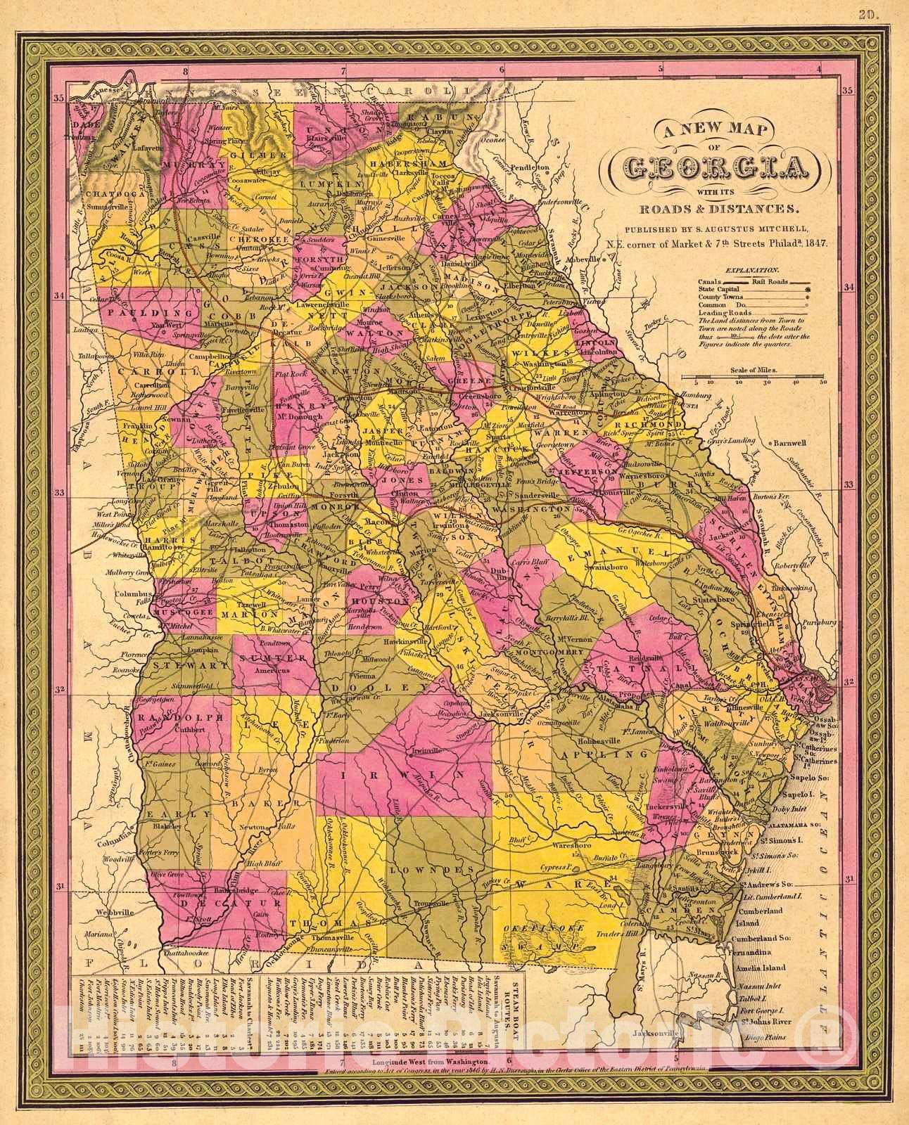 Historic Map : 1847 A New Map of Georgia : Vintage Wall Art