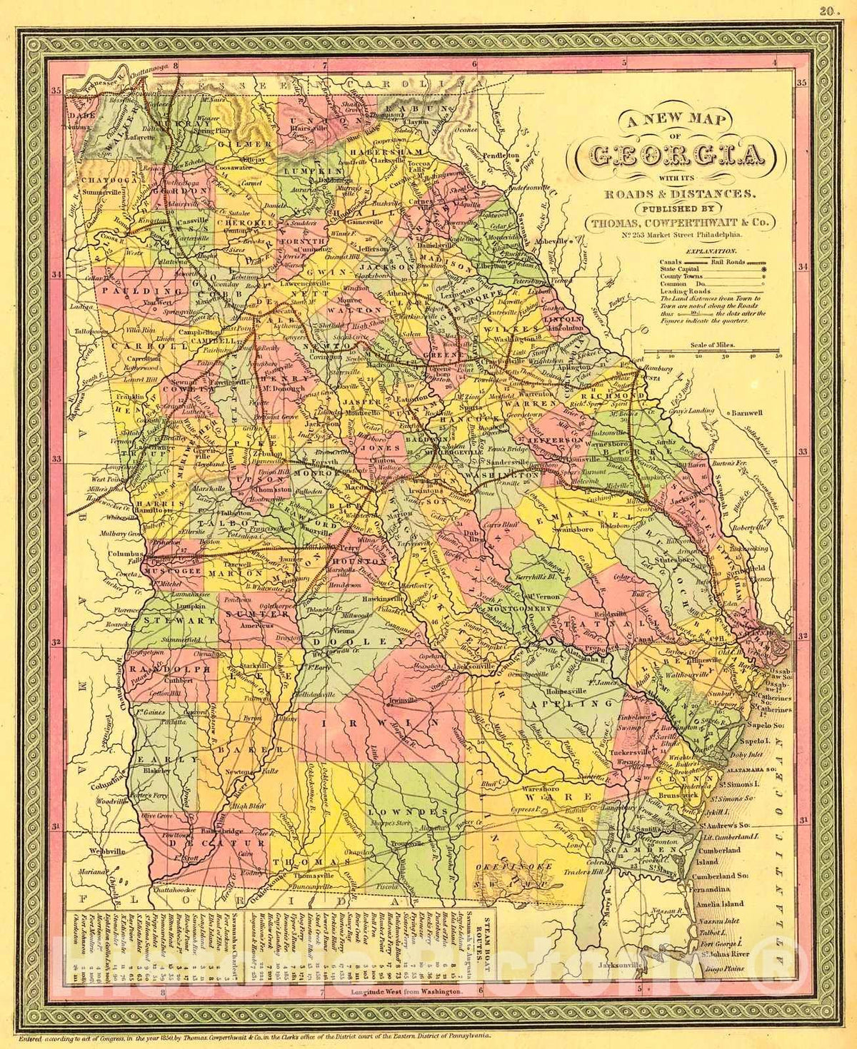 Historic Map : 1850 A New Map of Georgia : Vintage Wall Art