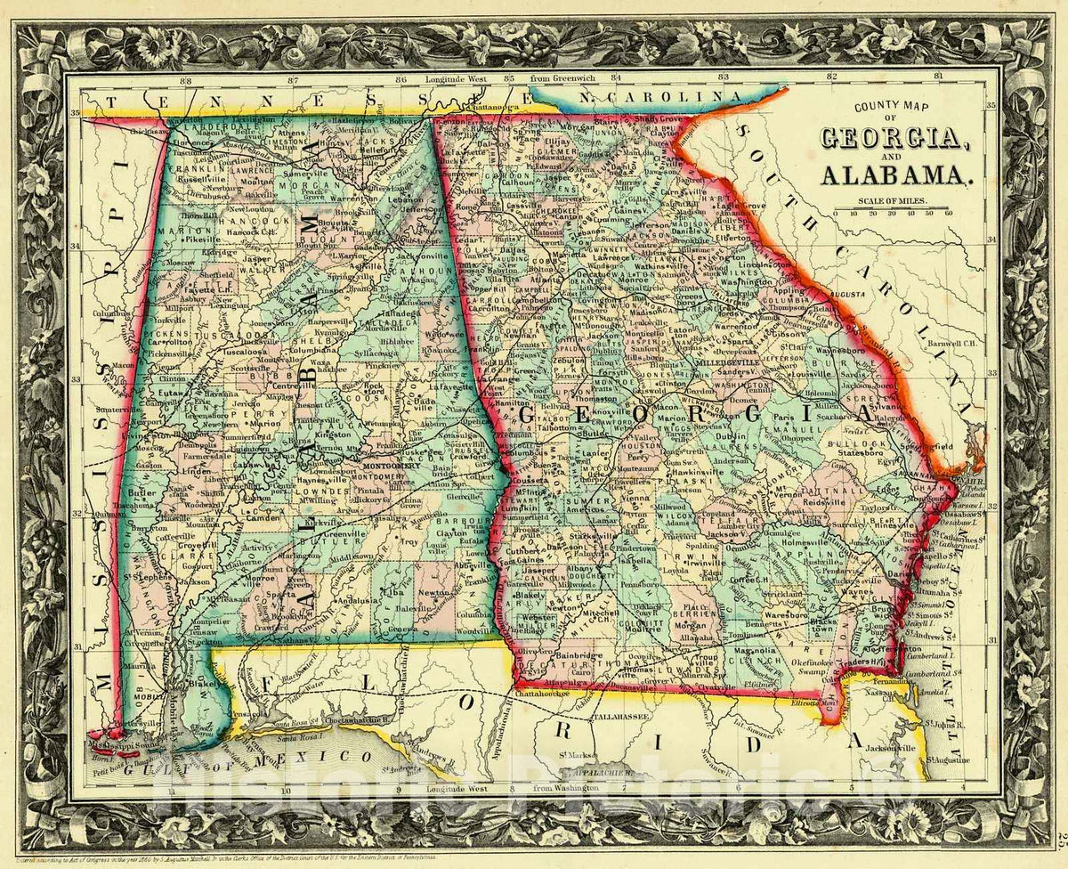 Historic Map : 1861 County Map of Georgia and Alabama : Vintage Wall Art