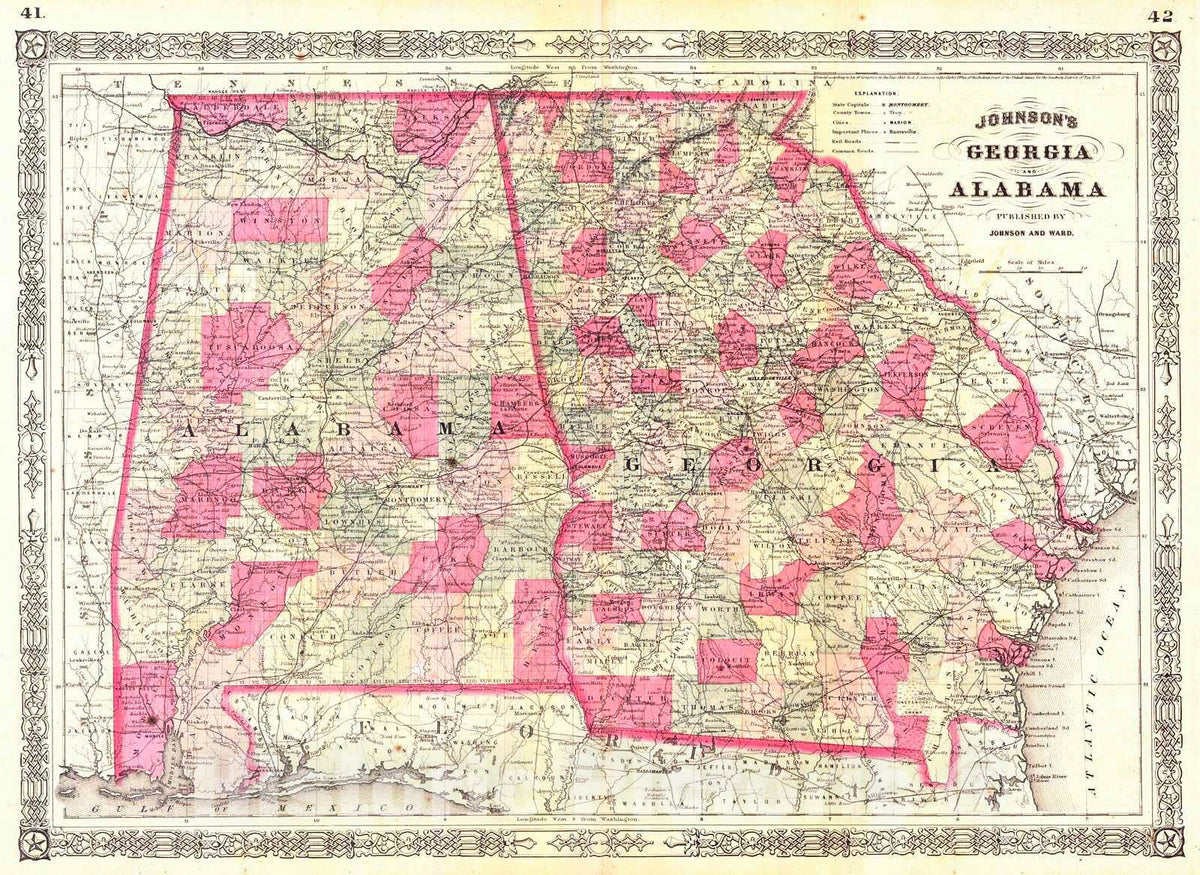 Historic Map : 1863 Johnson's Georgia and Alabama : Vintage Wall Art