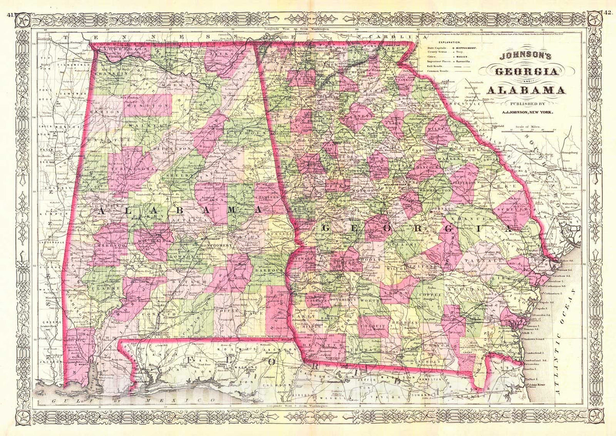 Historic Map : 1864 Johnson's Georgia and Alabama : Vintage Wall Art